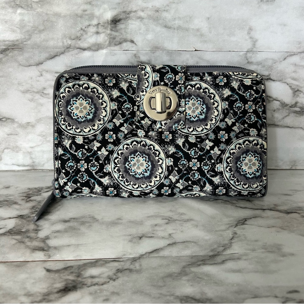 Vera Bradley Black Quilted Wallet with Teal and White Medallions